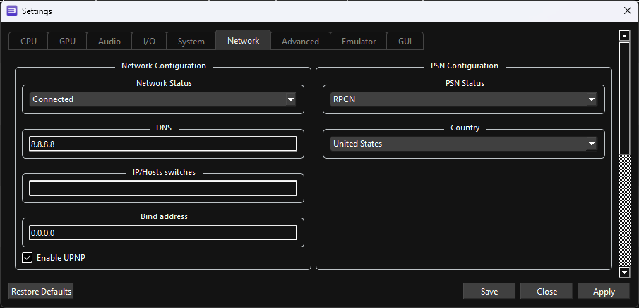 A screenshot of RPCS3's network settings, showing the correct options.